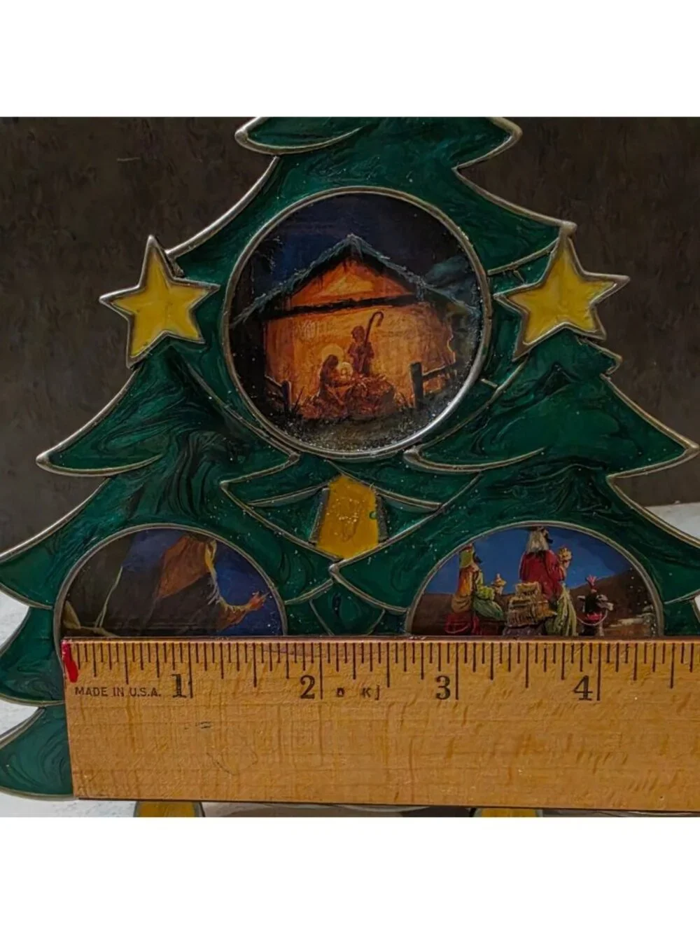 Vintage  Enamel Christmas Tree Nativity Triple Frame
